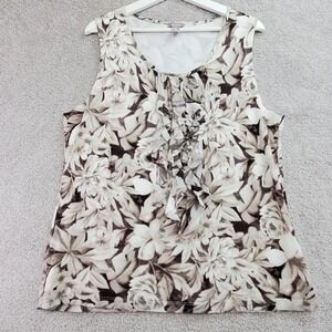 Chicos Brown Floral Print Sleeveless Tank Top Ruffle Front Size 3/XL Cottage